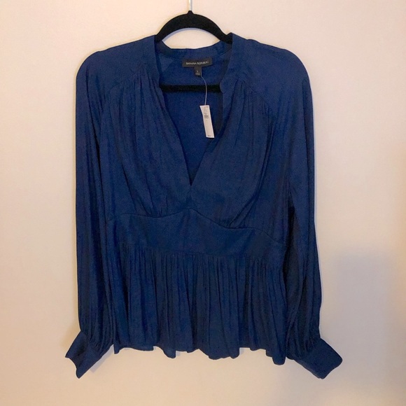 Banana Republic Festive V-neck Metallic Blue Pullover Blouse Size Large … - Picture 1 of 7